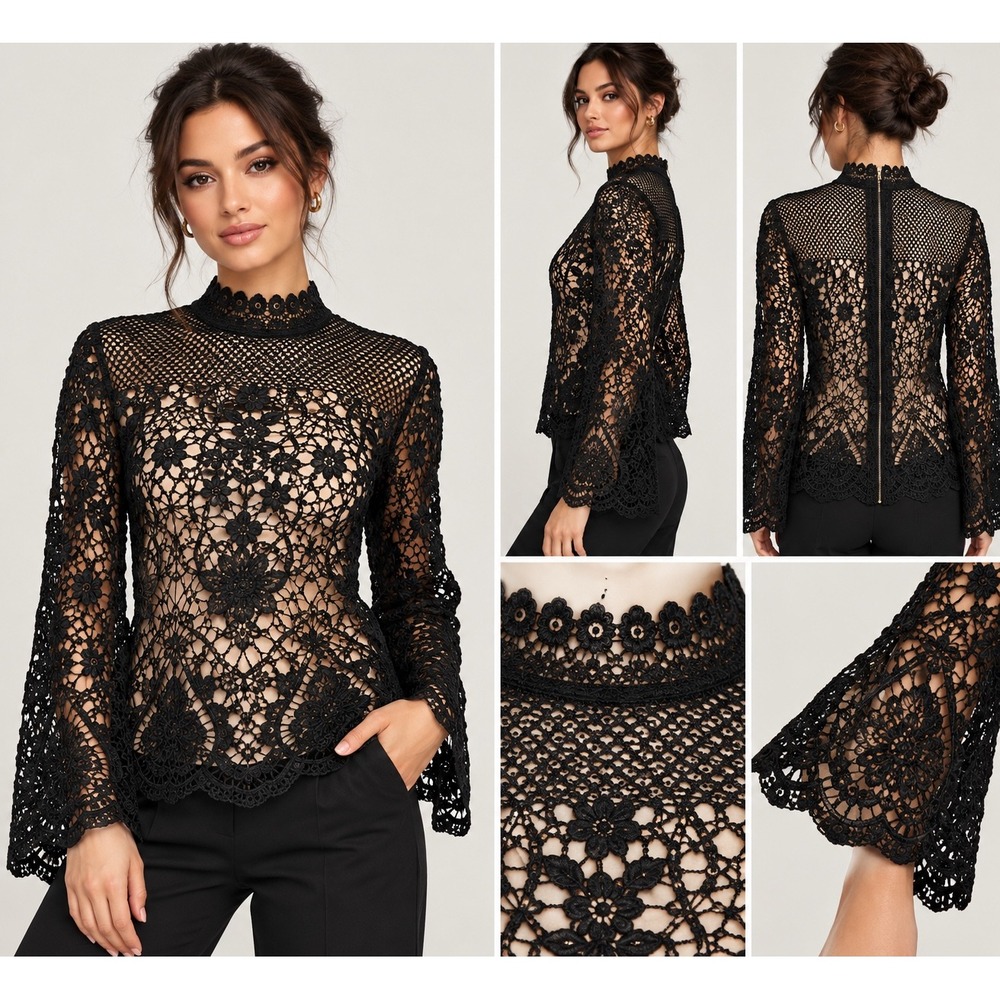 Bold Elements Black Crochet Lace Mock Neck Bell Sleeve Top WhimsyGoth L